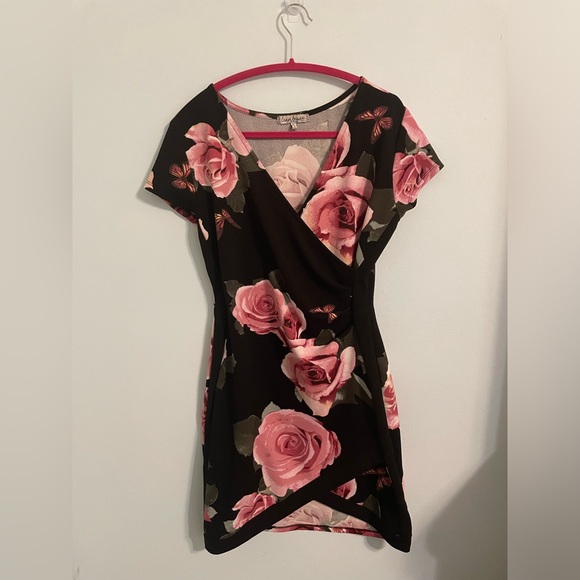 XL Black and Pink Floral Bodycon Dress - Picture 1 of 3